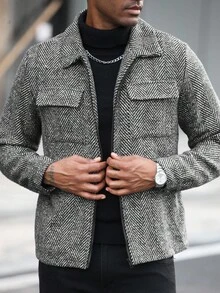Manfinity Homme 男士人字纹拉链领长袖夹克，秋冬男士衬衫式外套 - 黑與白 - 查看 7