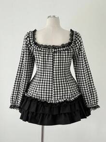 Sunspun Plus Size Women Contrast Lace Plaid Single-Breasted Shirt And Cake Skirt Fashion 2 Pieces Set - Black - View 2