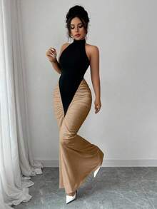 Elenzga Plus Size Women's Black & Brown Color Block Halter Neck Cinched Waist Mermaid Hem Elegant Maxi Dress, Suitable For Commuting And Daily Wear