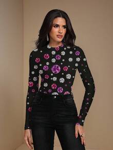 Glamance Vecteezy Maglietta aderente a maniche lunghe con collo rotondo e stampa di strass, autunnale - Multicolore - Visualizzare 5