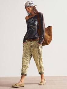 Bohemela 大码简约印花露肩长袖T恤 - 黑色 - 查看 5