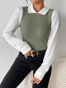 SHEIN Frenchy 女式二合一翻领泡泡袖修身时尚衬衫 - 綠色 - 查看 5