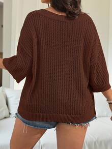 Vionelle 大码宽松纯色镂空套头毛衣针织衫秋冬款 - 棕色 - 查看 2