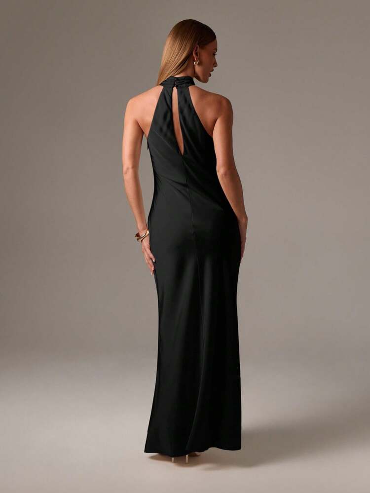 AiiRZ Halter Neck Satin Maxi Dress