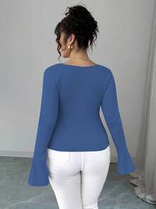 Elenzga Plus Size V-Neck Metal Button Flare Sleeve Fitted T-Shirt - Dusty Blue - View 2