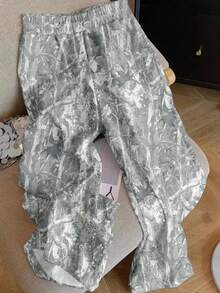 SHEIN EZwear Casual Street Style Faux Washed Tree Branch Camouflage All-Over Print Loose Women's Wide Leg Pants, Suitable For Early Autumn, Street Vintage Retro Style, Sexy, Cute, Y2K Coconut Girl, Boho, Hippie Style, Music Festival, Suitable For Autumn/Winter