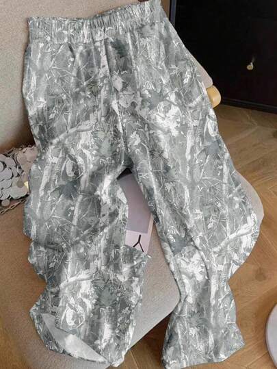 SHEIN EZwear Casual Street Style Faux Washed Tree Branch Camouflage All-Over Print Loose Women's Wide Leg Pants, Suitable For Early Autumn, Street Vintage Retro Style, Sexy, Cute, Y2K Coconut Girl, Boho, Hippie Style, Music Festival, Suitable For Autumn/Winter