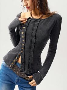 Bohemela Casual Solid Color Knit Versatile Neckline Design Long Sleeve Fitted Washed Women T-Shirt,Fall,Fall Clothes For Women