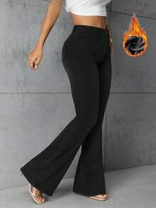 EMERY ROSE Women's Pocketed Flared Jeans With Thermal Lining, Casual & Versatile - Black - View 6