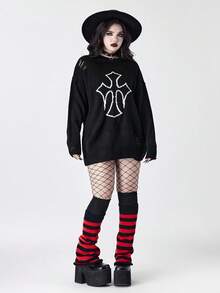 ROMWE Goth Suéter oversize con jacquard de cruz gótica desgastado - Negro - Ver 6