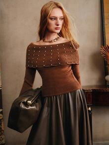 Chiquease Women's Elegant Off-Shoulder Pullover,Rhinestone Long-Sleeved Sweater In Shades Of Brown For Autumn Tea Party,Fall Halloween Party Sweater - Coffee Brown - View 3