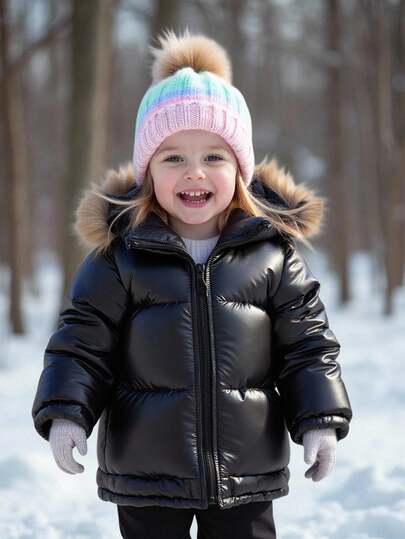 SHEIN 1-Pack Cute Baby Girl Casual Simple Mid-Length Black Padded Coat With Fur Trim, Winter Coat, Quilted Coat Suitable For Birthday Parties, Evening Parties, Performances, Weddings, Baptisms, Opening Ceremonies, Suitable For Daily Use, Suitable For And Playing, Suitable For Autumn And Winter Fall Winter Coats Down Coats Coat Clothes Black