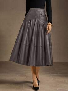 MOTF PREMIUM WOMEN'S PU LEATHER FOLD PLEATED A-LINE SKIRT - Grey - View 5