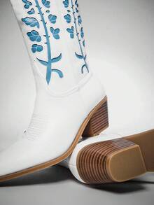 Solezae New Women's Embroidery Vegan Leather Pointed Toe Chunky Heel Slip-On Western Style Chic Cowboy Boots - White - View 6