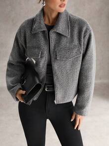 SHEIN Unity Gray Metallic Zipper Loose Fit Short Jacket For Women - Dark Grey - View 3