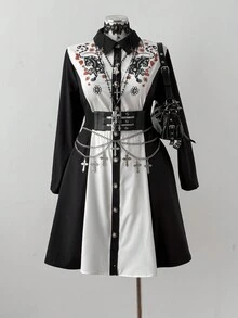 Sunspun Lässiges, minimalistisches farbblockiges Langarm-Figurkleid mit Muster - Schwarz - Übersicht 1