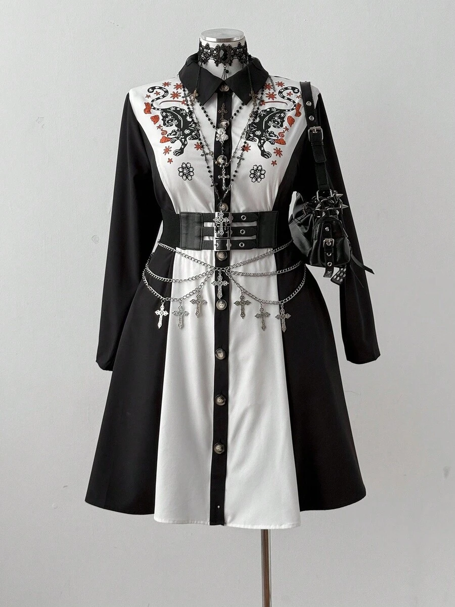 Sunspun Lässiges, minimalistisches farbblockiges Langarm-Figurkleid mit Muster - Schwarz - Übersicht 1