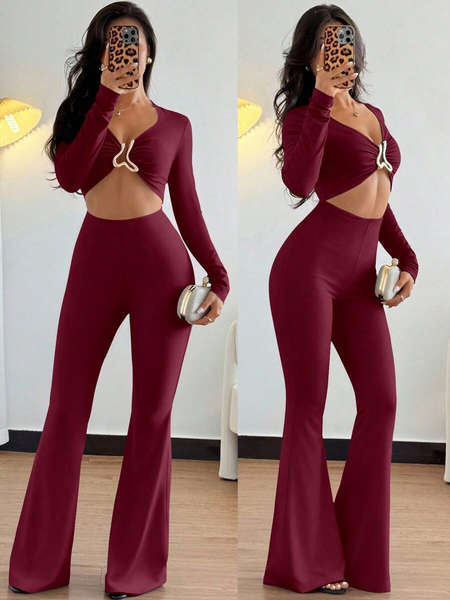 Rafferiza 欧美风格休闲金属装饰收腰长袖性感黑色高弹力女式连体裤 - 酒紅色 - 查看 1
