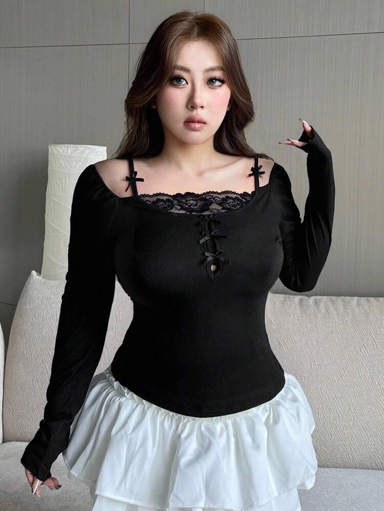 Contrast Lace Tight Sexy Butterfly Decor Black Long Sleeve T-Shirt