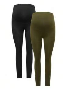 Modmama 2 件套纯色弹力腰紧身裤，孕妇高弹力紧身裤，秋冬款 - 軍綠色 - 查看 5