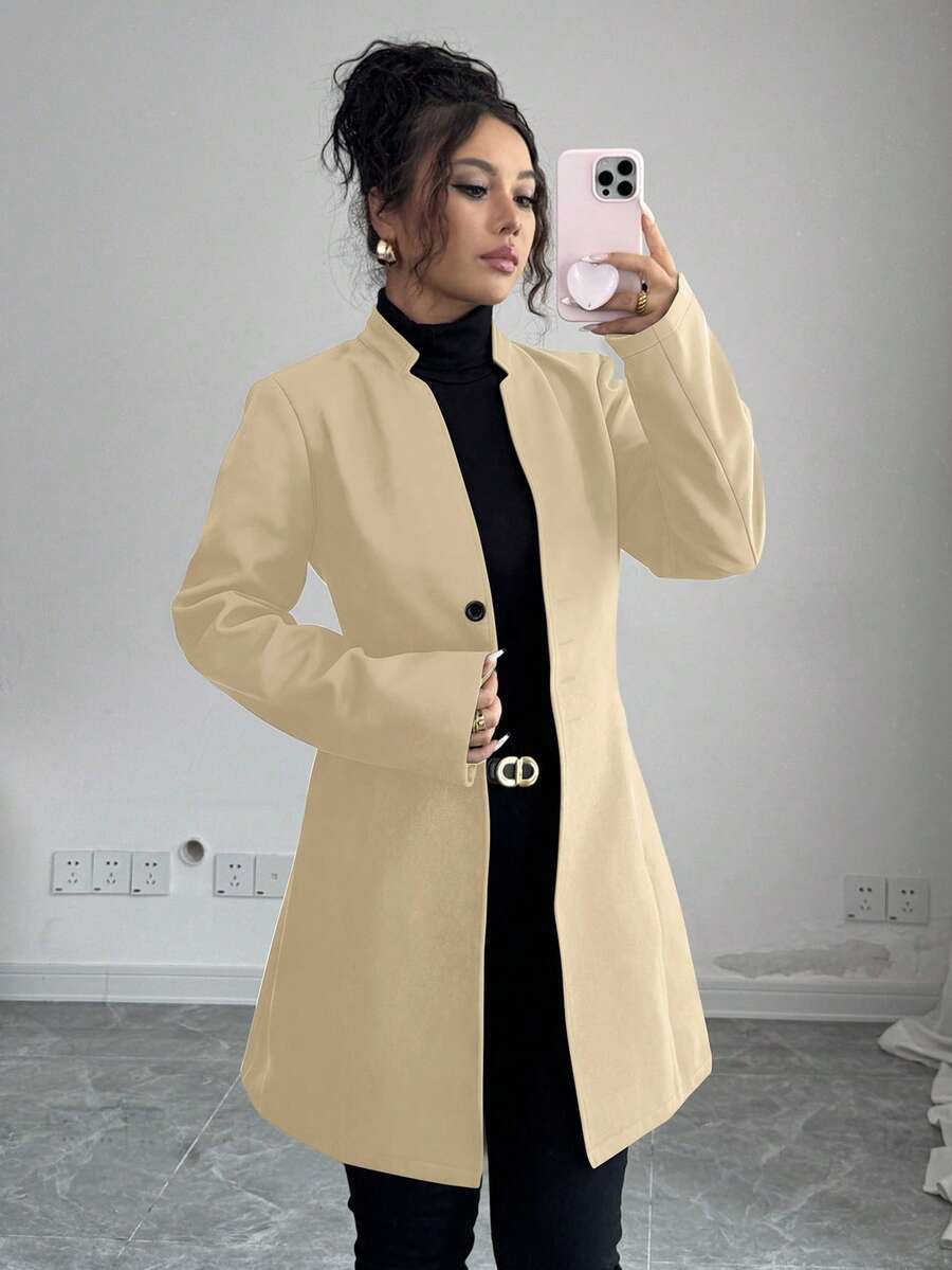 SHEIN Tall Áo khoác nữ dáng ôm cổ đứng, kiểu dáng thường ngày - Màu Khaki - Xem 1