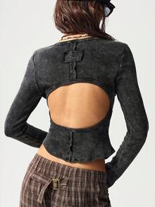 Bohemela Áo thun cổ tròn dệt kim màu trơn thường ngày dành cho nữ, tay dài - màu đen - Xem 4