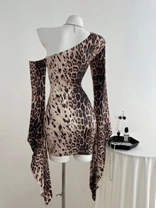 SHEIN Unity 1 pieza Vestido casual vintage de mujer con estampado de leopardo degradado, manga acampanada y bajo asimétrico, adecuado para salir, citas y fiestas en otoño/invierno - Multicolor - Ver 2