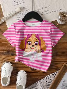 SHEIN | PAW Patrol Young Girl Summer Cute Striped Dog Print T-Shirt - White - View 7