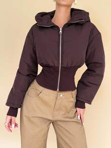 Almamuse Women's Casual Cinched Waist Zip-Up Hooded Jacket, Versatile For Winter - Brown - View 3
