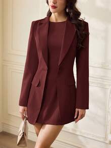 Vintamour 女式两件套复古优雅西装外套和无袖连衣裙优雅套装休闲夏季服装适合婚礼宾客、生日、办公室 - 酒紅色 - 查看 7