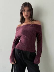 Aloruh 女装秋冬新款褶皱斜肩扭结棕色长袖毛衣 - 棕色 - 查看 1