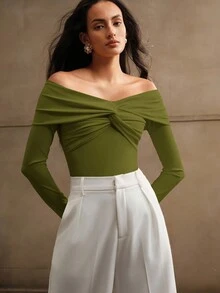 Anewsta 性感露肩扭纹紧身衣，优雅、奢华、正式、别致，适合秋冬、圣诞节、新年、派对 - 綠色 - 查看 8