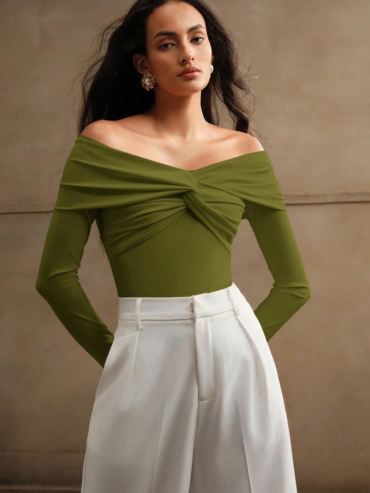 Sexy Off-Shoulder Twist Bodysuit, Elegant, Luxury, Formal, Chic For Fall/Winter, Christmas, New Year, Party