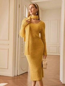 Revavyn 优雅羊毛混纺修身圆领毛衣连衣裙，配围巾，时尚黄色，秋冬款 - 黃色 - 查看 1