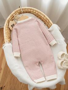 SHEIN Pink And White Striped,Autumn,Cute,Matching Family Baby Romper,Long Sleeve Jumpsuit,Multi-Color Jacquard Crawler Suit,Easy On/Off For Casual Outings - Multicolor - View 2