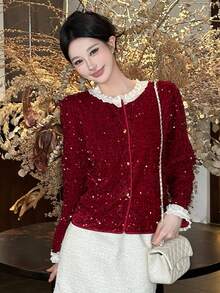 DAZY Damen elegante Kontrast-Farbige Pailletten Patchwork Bluse, Herbst Weihnachten Langarm Top Karneval - Bordeaux - Übersicht 1