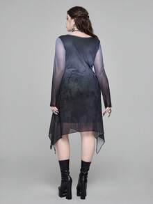 ROMWE Gothic Dark Forest Tombstone Cross Print Mesh Pentagram Lace-Up Collar Plus Size Women Waist Cinched Asymmetric Hem Dress - Black - View 3