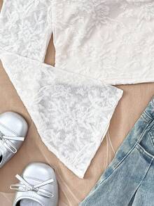 Girlism 少女褶皱甜心领喇叭袖 T 恤，适合秋冬季、返校、外出 - 杏色 - 查看 5