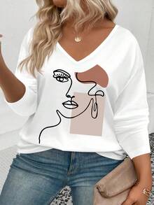 EMERY ROSE Women's Geometric Portrait Print V-Neck Long Sleeve Casual Versatile Plus Size T-Shirt, Autumn/Winter Best Seller - White - View 6