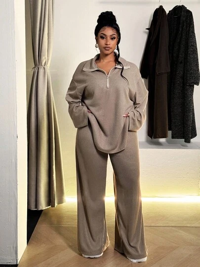 Maweii 大码女式休闲运动舒适宽松拉链上衣和直筒休闲裤两件套，棕色，适合春、秋、冬季穿着。