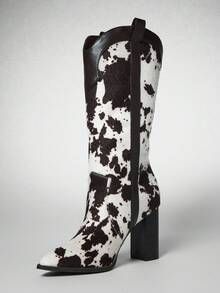 Solezae Women Cow Print Fall Winter Cute Western Chic Sexy Wild Medium Heeled Boots
