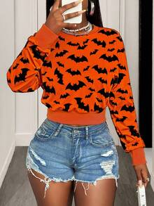 BamGleam Halloween Grafik Muster Kurz-Sweatshirt mit Rundhalsausschnitt, Halloween Kostüm - Verschiedenfarbig - Übersicht 4