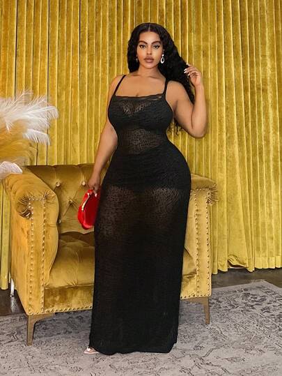 Veslaya Vestido longo transparente plus size, elegante, sexy, com estampa de leopardo