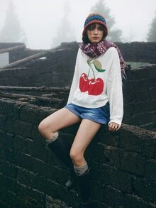 Bohemela Suéter Boho Estilo Americano com Estampa de Cereja para Mulheres, Outono/Inverno