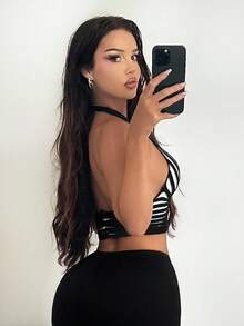 SHEIN SXY Sexy Casual Elegant Black And White Striped Cropped Knitted Top For Women,Halter Tops