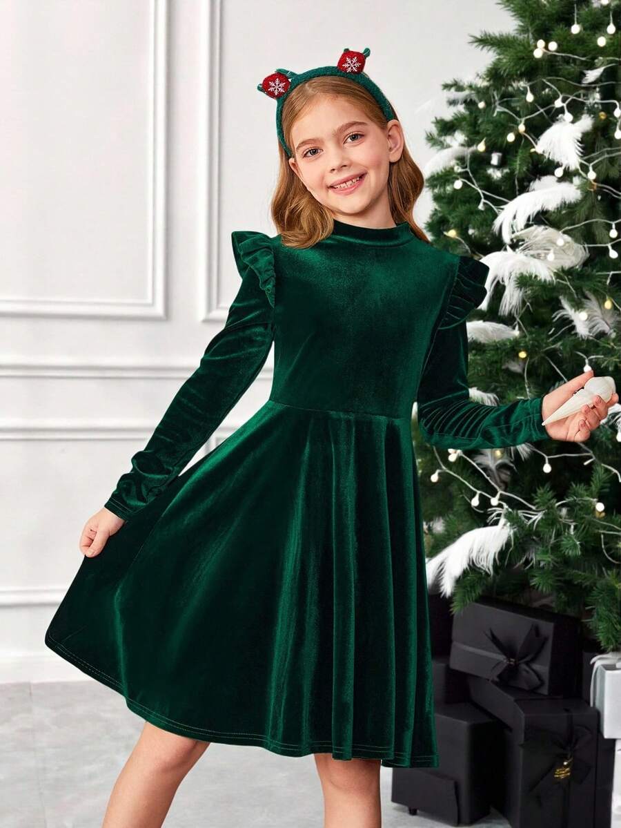 SHEIN Serisse Kids 少女纯色天鹅绒针织荷叶边长袖连衣裙，适合秋冬季休闲日常穿着及上学穿着，绿色，适合圣诞节、派对、生日、公主裙等场合。 - 綠色 - 查看 1