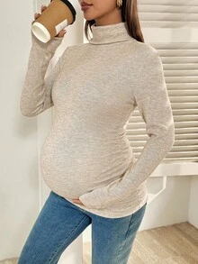 SHEIN Tricou maternitate cu guler înalt, mânecă lungă, casual, ajustat, culoare solidă - Kaki - Vizualizare 4