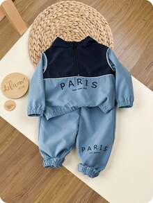 SHEIN Bộ Hai Món Bé Trai Bé Gái In Chữ Màu Khối Có Mũ Và Quần Thể Thao - Màu xanh lam - Xem 2