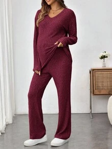SHEIN 2件套孕妇休闲保暖罗纹长袖上衣和裤子套装，秋冬 - 酒紅色 - 查看 6