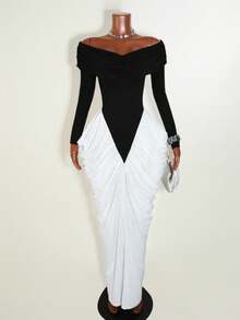 SHEIN Franclia Váy nữ thanh lịch với eo nhún màu tương phản - Đen và trắng - Xem 6